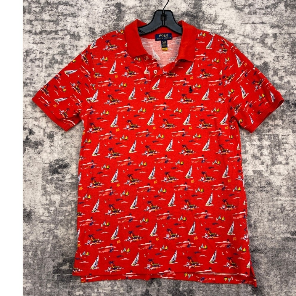 Ralph Lauren Boy Shirt XL Red Cotton Sailboat Nautical Yatch Palm Tree Polo